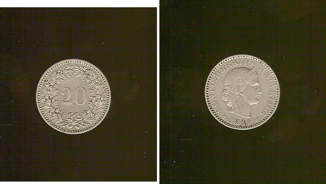 SUISSE 20 Centimes (Rappen) Helvetia 1881 Berne TTB